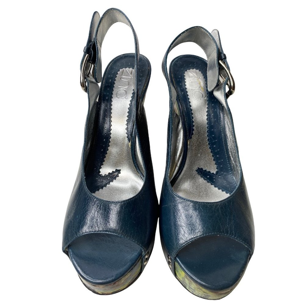 ZINC Navy Leather Graffiti 5” Wedge Size 8